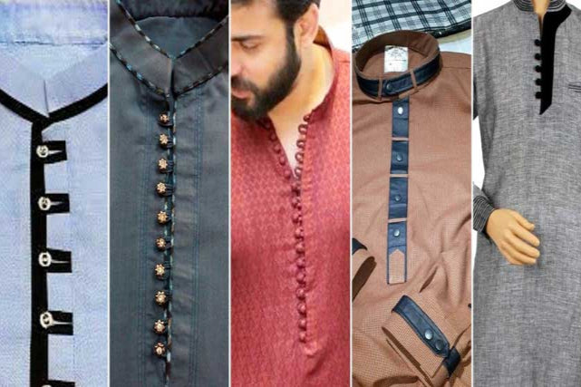 Collection of men's shirts in various colors with a man wearing one of them.